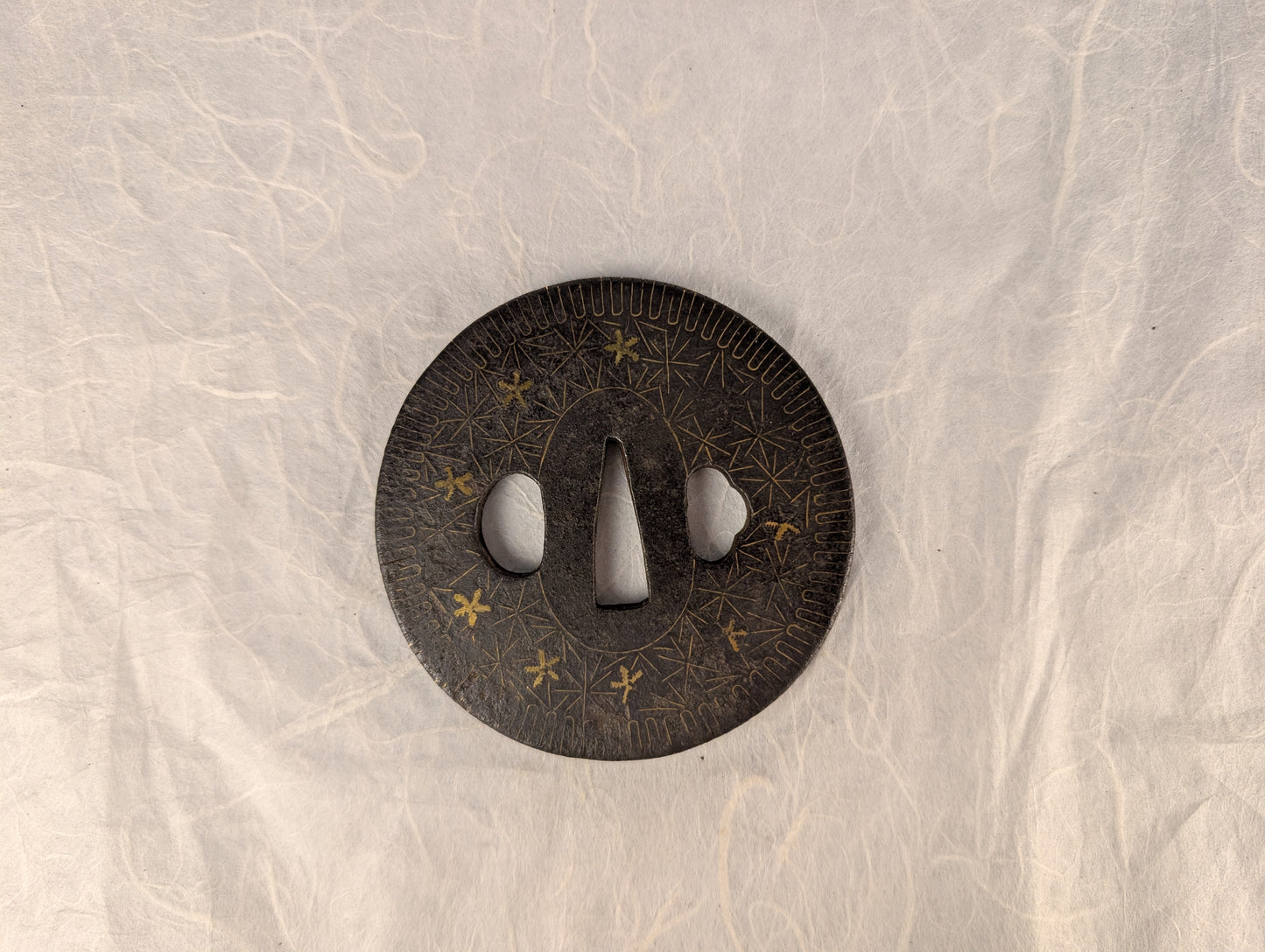 Antique Iron tsuba with Geometric Gilding and Wire Inlay – TS-117