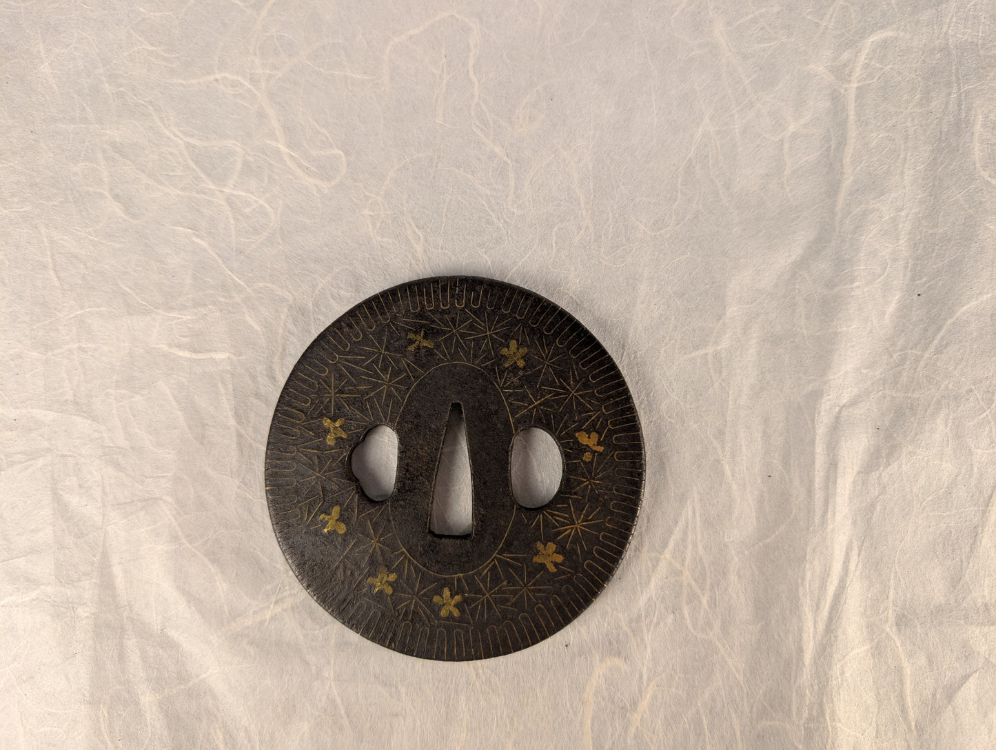 Antique Iron tsuba with Geometric Gilding and Wire Inlay – TS-117