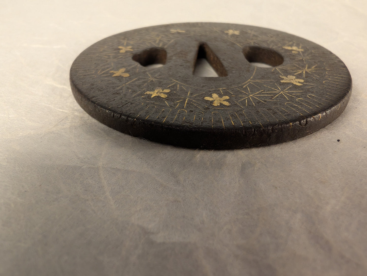 Antique Iron tsuba with Geometric Gilding and Wire Inlay – TS-117