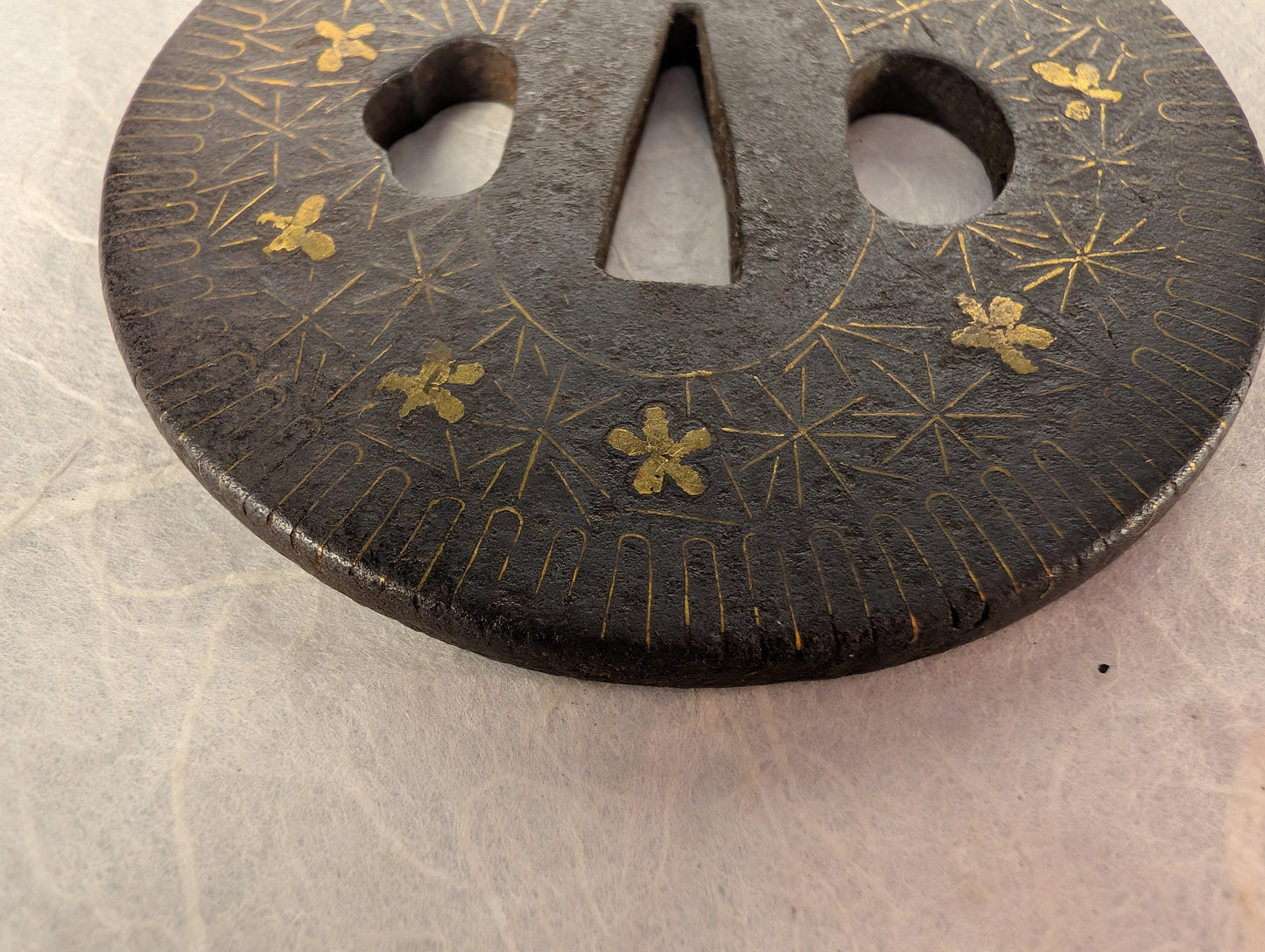 Antique Iron tsuba with Geometric Gilding and Wire Inlay – TS-117
