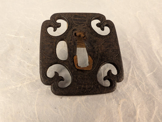 Iron Mokko-Gata Sukashi Tsuba with Scrolling Forms and Katakiri Engraving – TS-118