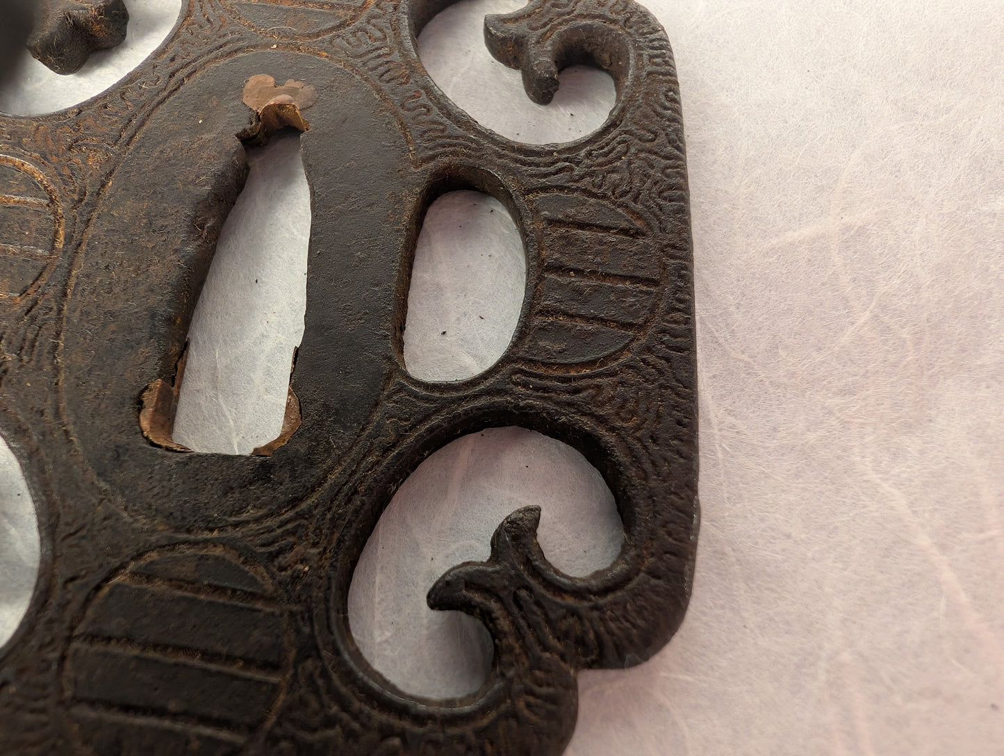 Iron Mokko-Gata Sukashi Tsuba with Scrolling Forms and Katakiri Engraving – TS-118