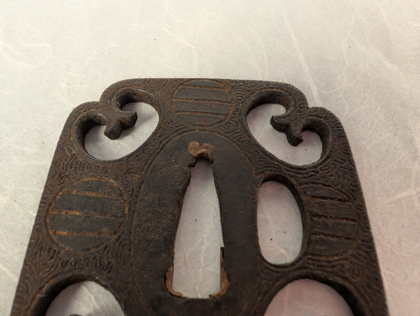 Iron Mokko-Gata Sukashi Tsuba with Scrolling Forms and Katakiri Engraving – TS-118