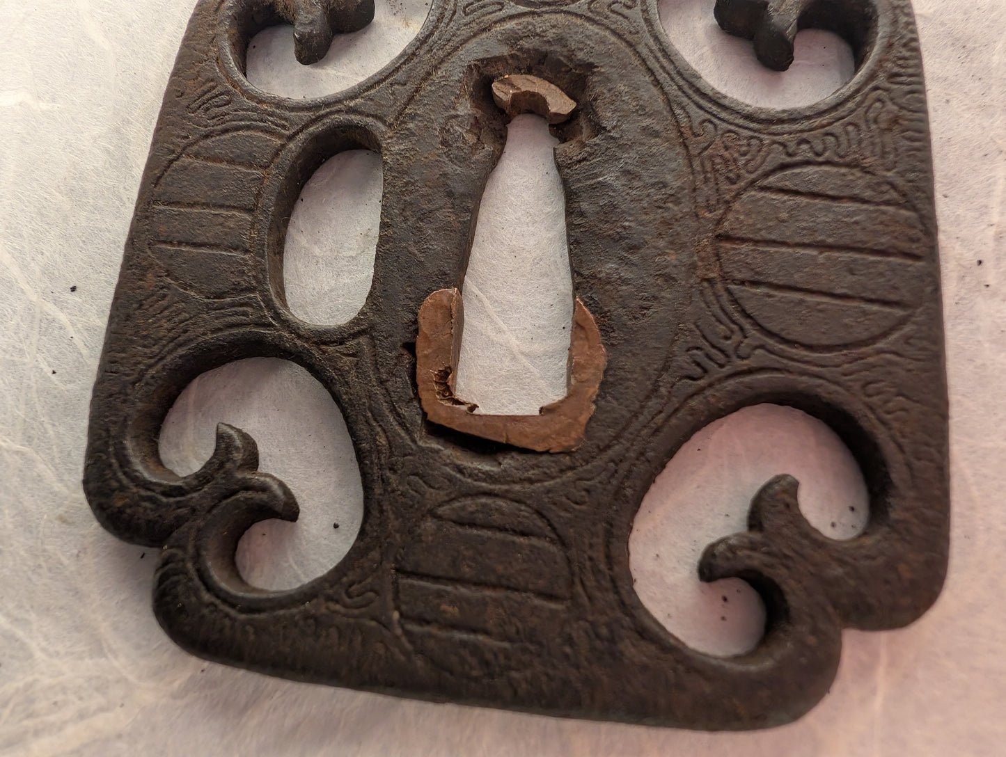 Iron Mokko-Gata Sukashi Tsuba with Scrolling Forms and Katakiri Engraving – TS-118