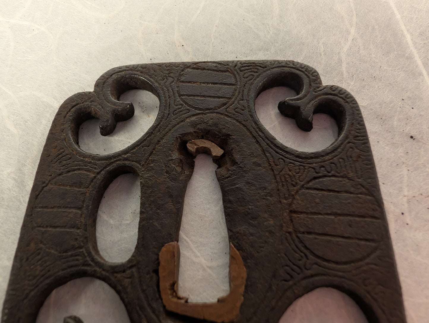 Iron Mokko-Gata Sukashi Tsuba with Scrolling Forms and Katakiri Engraving – TS-118