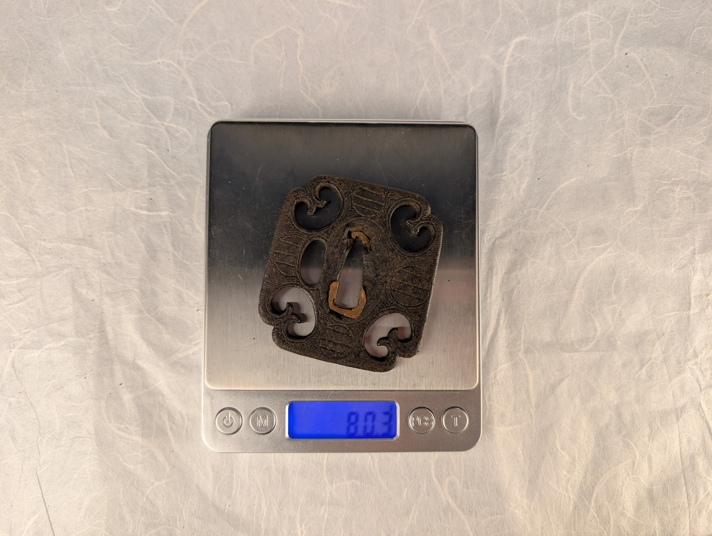 Iron Mokko-Gata Sukashi Tsuba with Scrolling Forms and Katakiri Engraving – TS-118