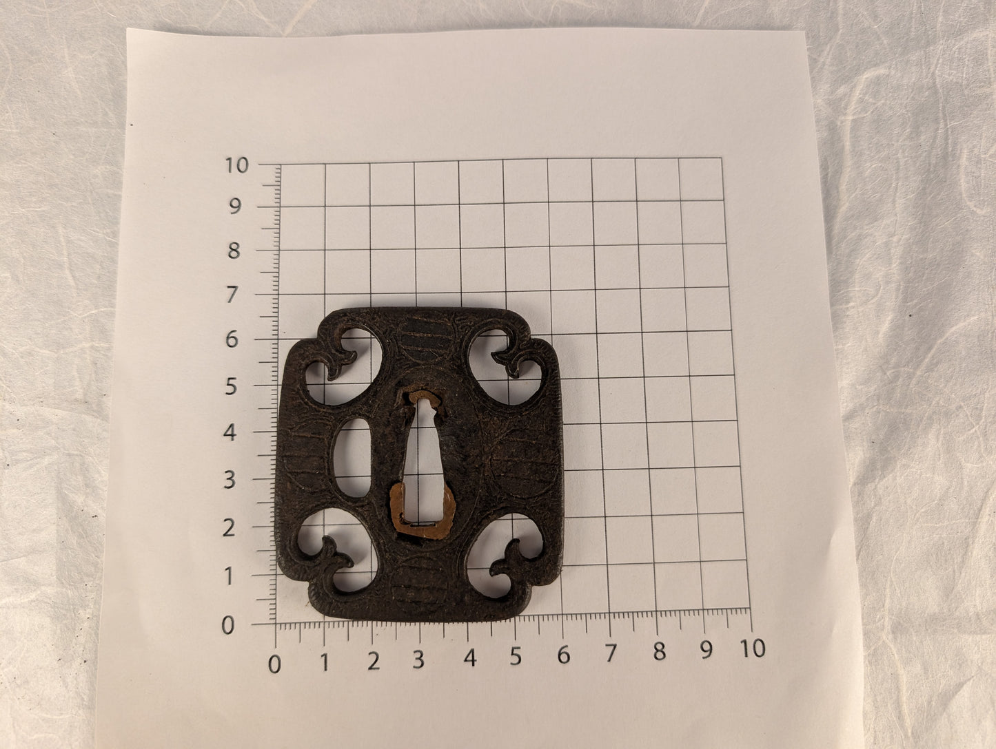Iron Mokko-Gata Sukashi Tsuba with Scrolling Forms and Katakiri Engraving – TS-118