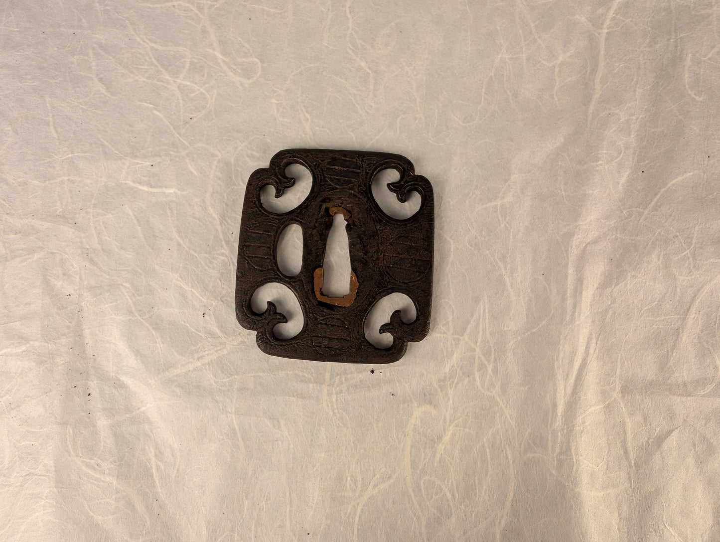 Iron Mokko-Gata Sukashi Tsuba with Scrolling Forms and Katakiri Engraving – TS-118