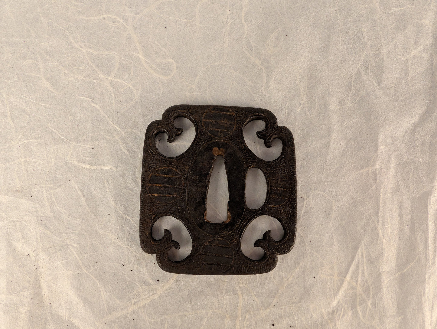 Iron Mokko-Gata Sukashi Tsuba with Scrolling Forms and Katakiri Engraving – TS-118