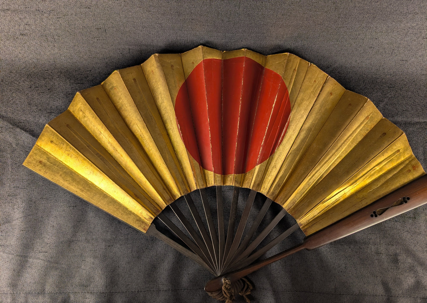 Antique Japanese Wooden War Fan with Red and Gold Sun Motif – TN-001