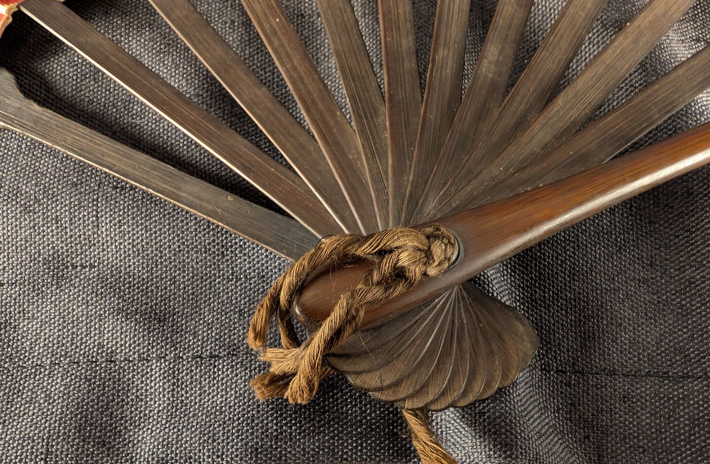 Antique Japanese Wooden War Fan with Red and Gold Sun Motif – TN-001