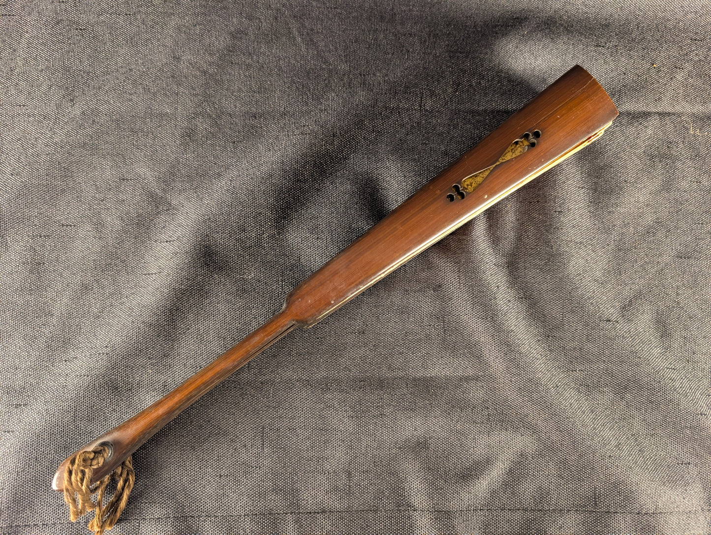 Antique Japanese Wooden War Fan with Red and Gold Sun Motif – TN-001