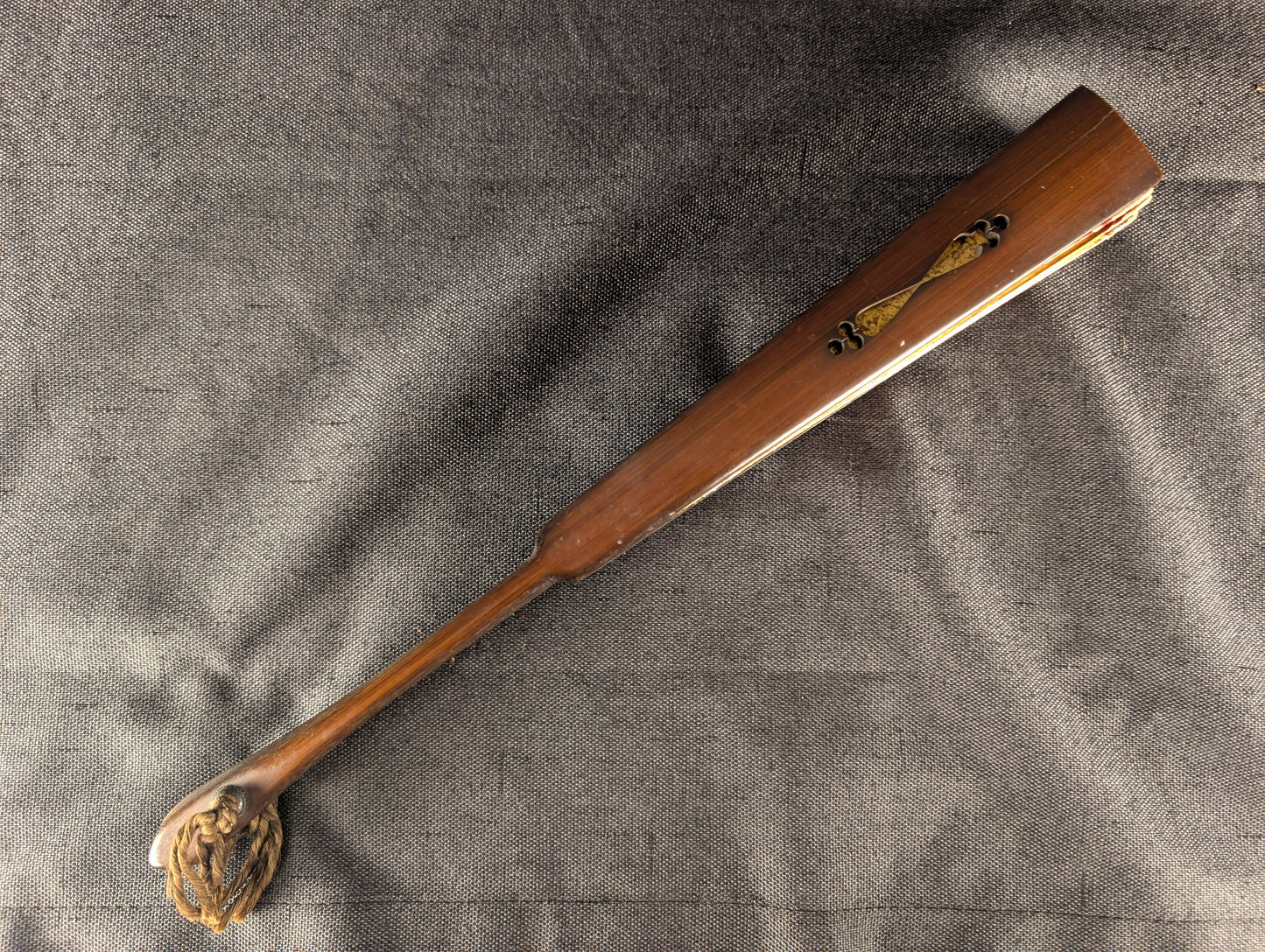 Antique Japanese Wooden War Fan with Red and Gold Sun Motif – TN-001