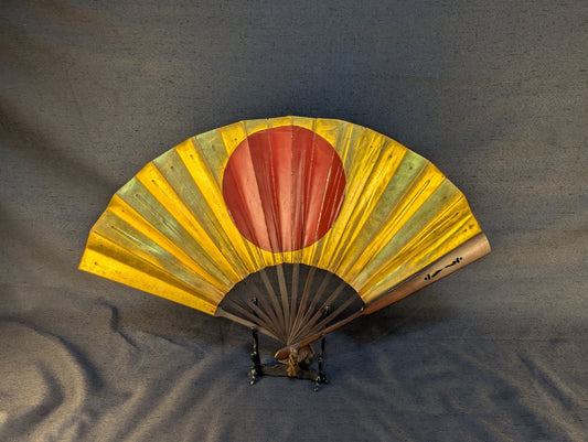 Antique Japanese Wooden War Fan with Red and Gold Sun Motif – TN-001