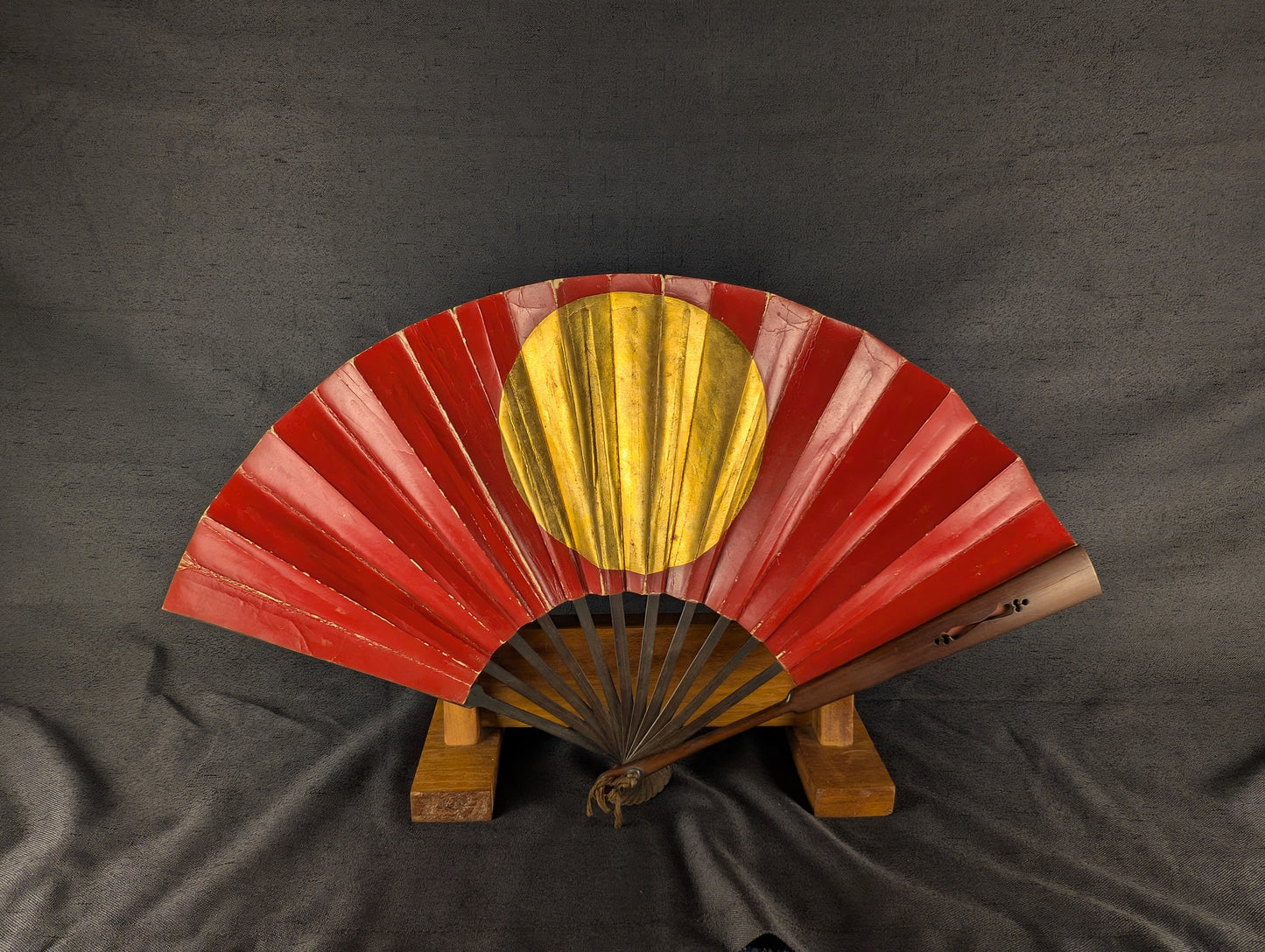 Antique Japanese Wooden War Fan with Red and Gold Sun Motif – TN-001