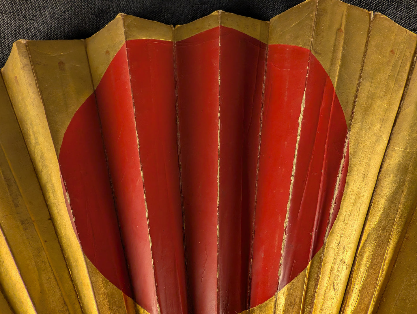 Antique Japanese Wooden War Fan with Red and Gold Sun Motif – TN-001