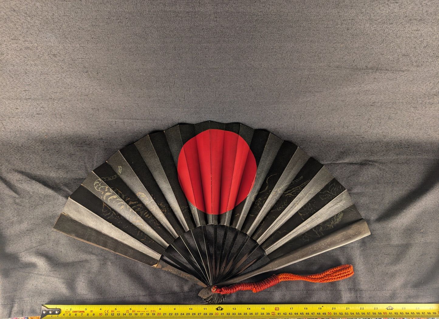 Iron Tessen with Black Lacquer with Red Sun and Gilt Dragon and Tiger - TN-002