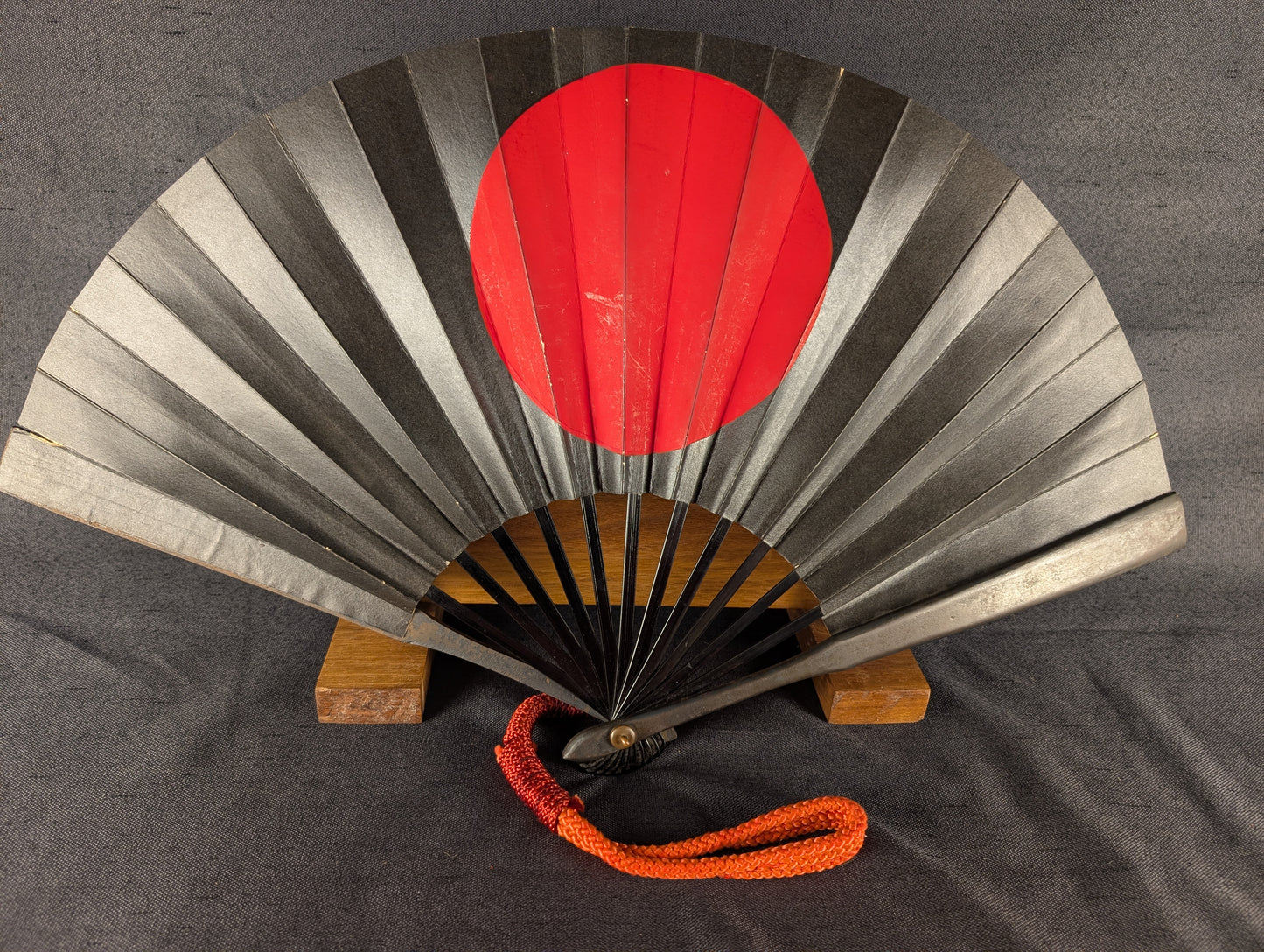 Iron Tessen with Black Lacquer with Red Sun and Gilt Dragon and Tiger - TN-002