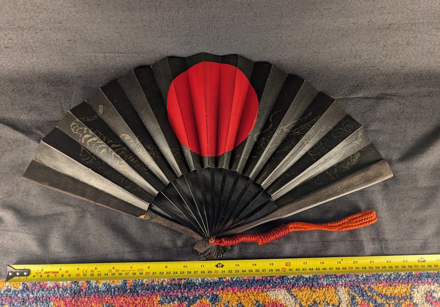 Iron Tessen with Black Lacquer with Red Sun and Gilt Dragon and Tiger - TN-002