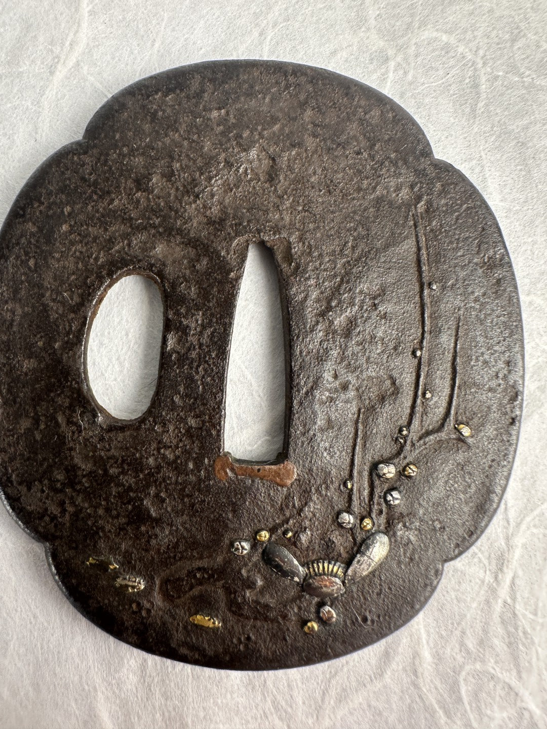 Iron Tsuba with Inlaid Insect and Blossoms – TS-057