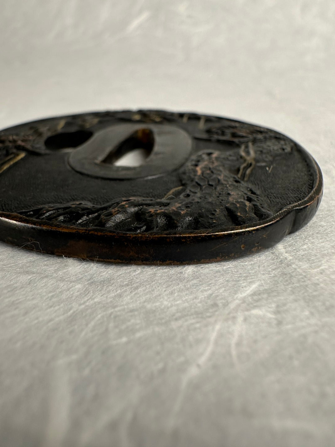 Lacquered Copper Tsuba with Pine Tree and Rock Design – TS-058