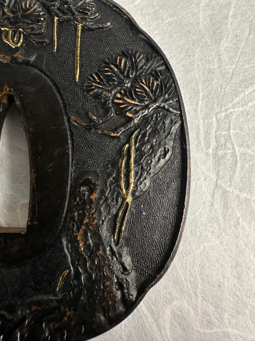 Lacquered Copper Tsuba with Pine Tree and Rock Design – TS-058