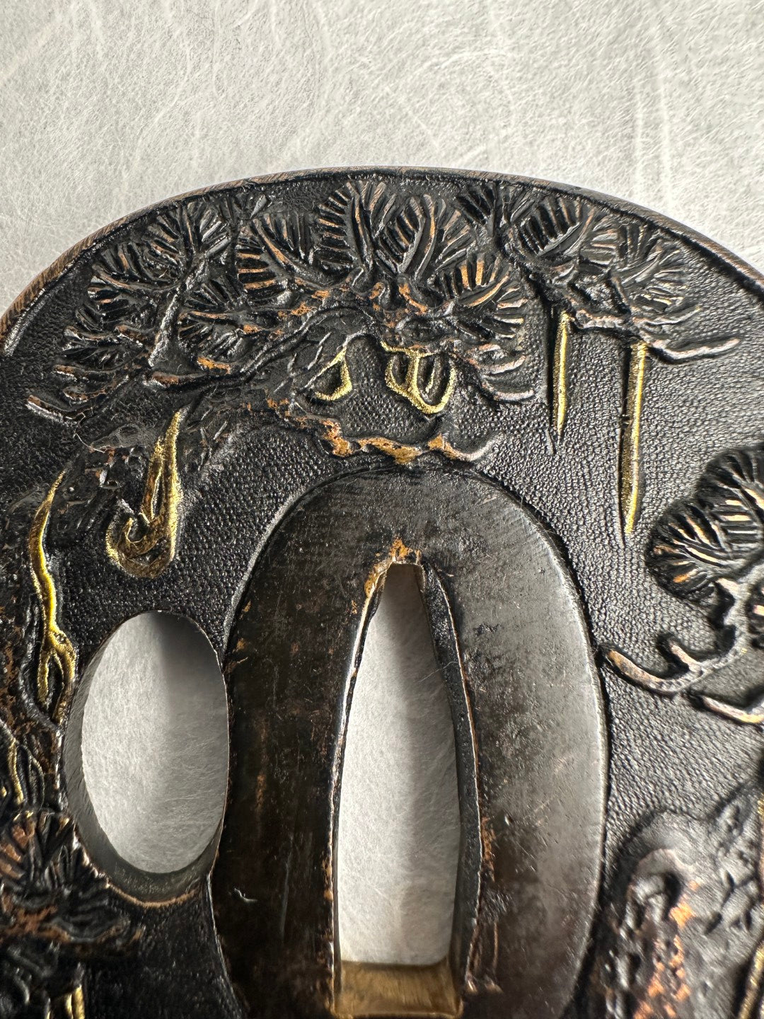 Lacquered Copper Tsuba with Pine Tree and Rock Design – TS-058