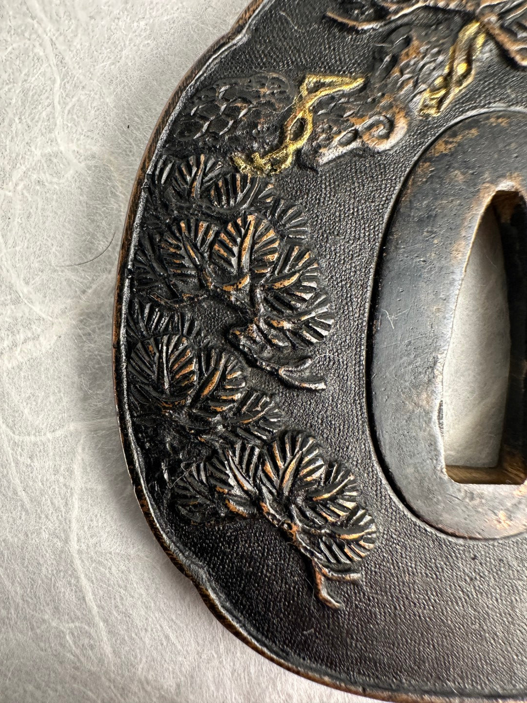Lacquered Copper Tsuba with Pine Tree and Rock Design – TS-058