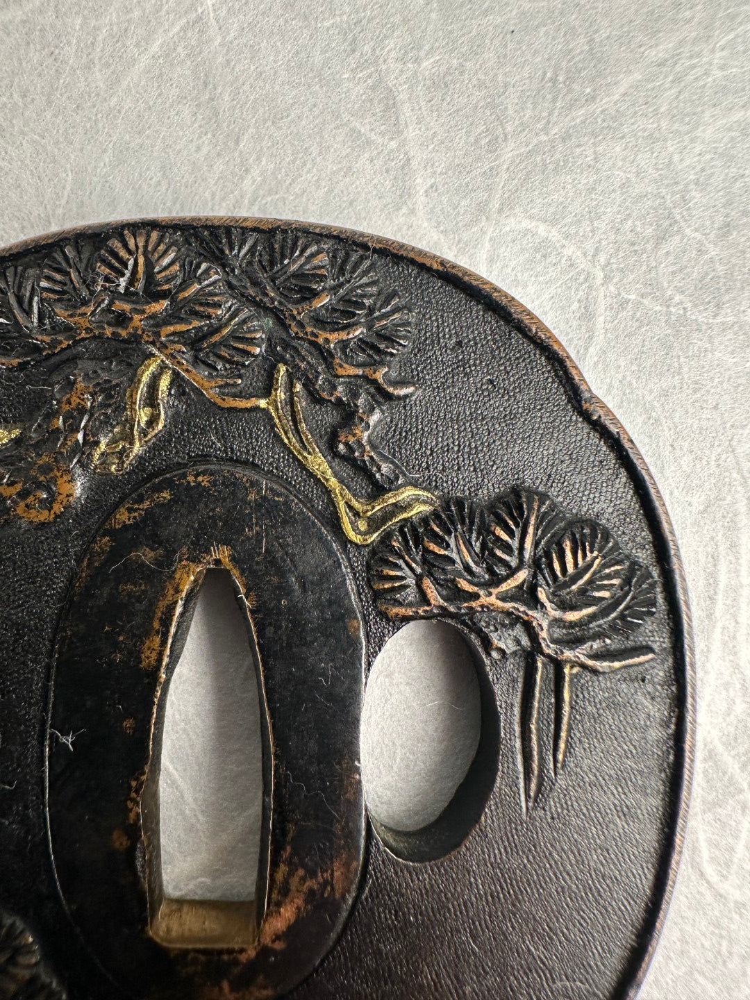 Lacquered Copper Tsuba with Pine Tree and Rock Design – TS-058