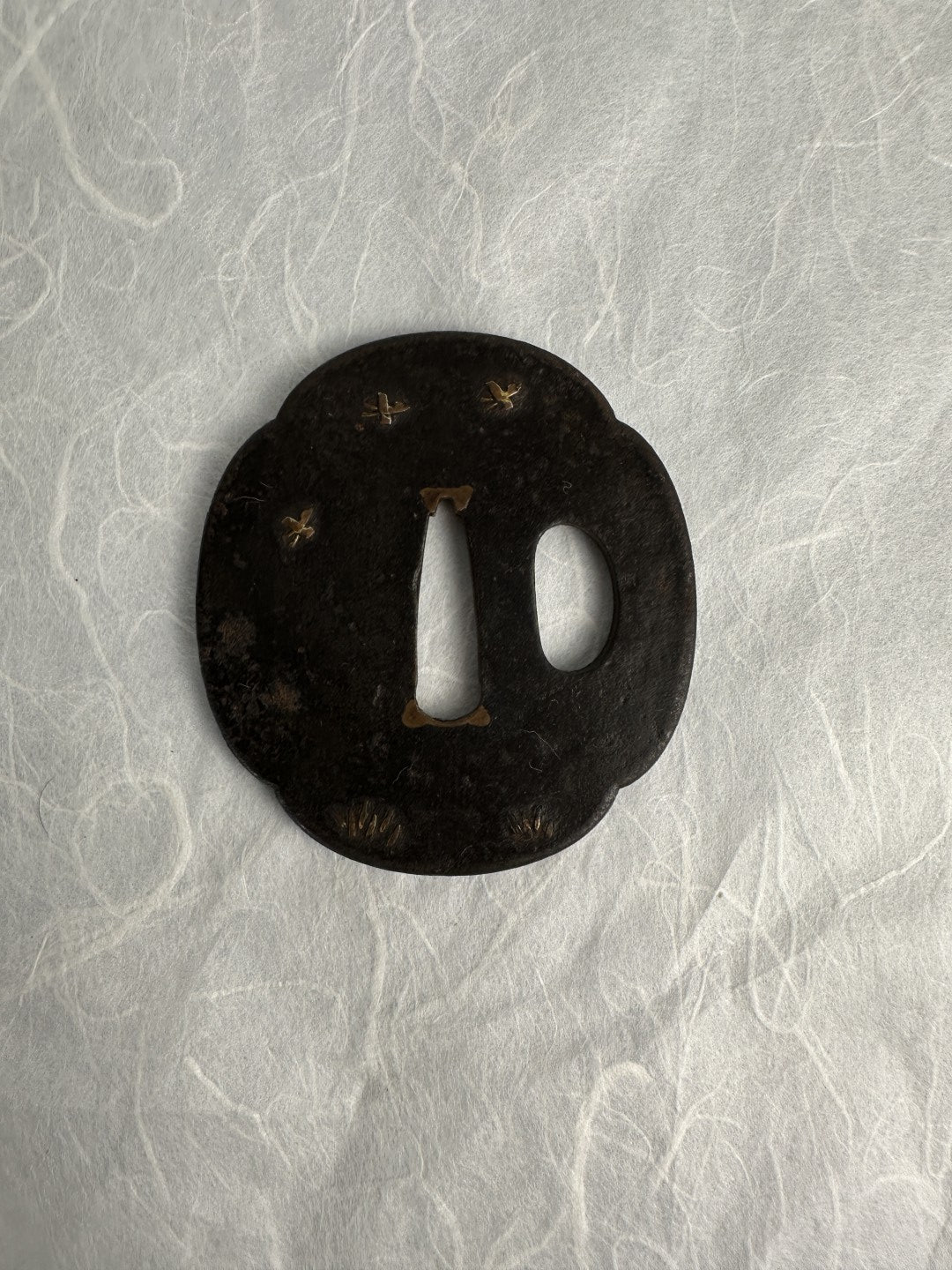 Iron Tsuba with Copper Inlay of Fireflies and Grass Blades – TS-068