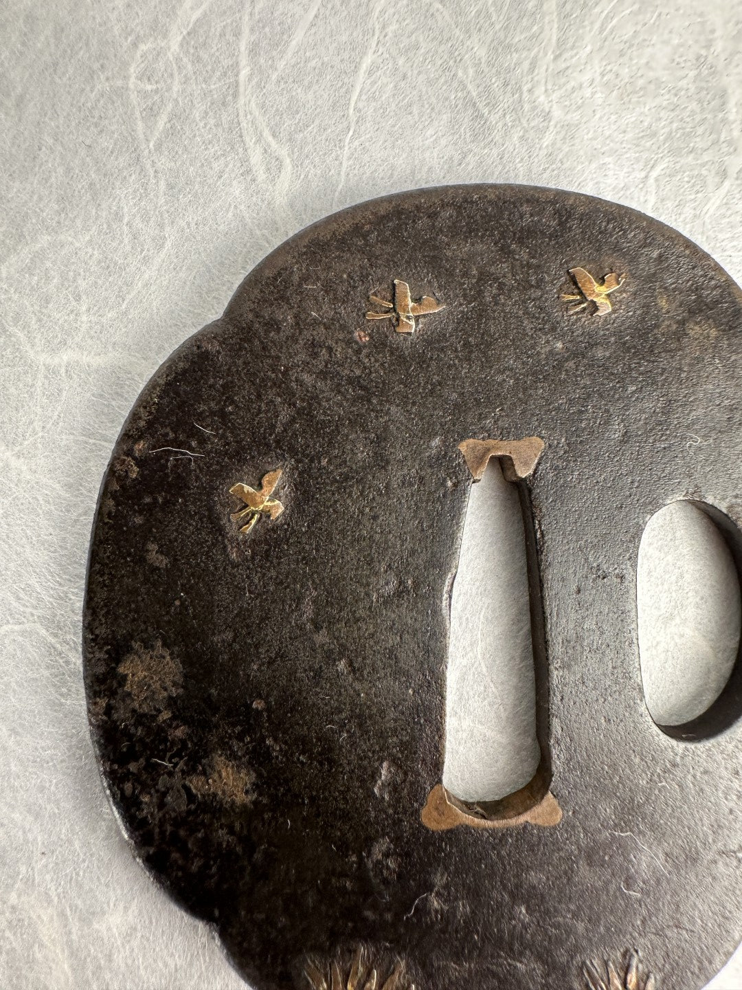 Iron Tsuba with Copper Inlay of Fireflies and Grass Blades – TS-068