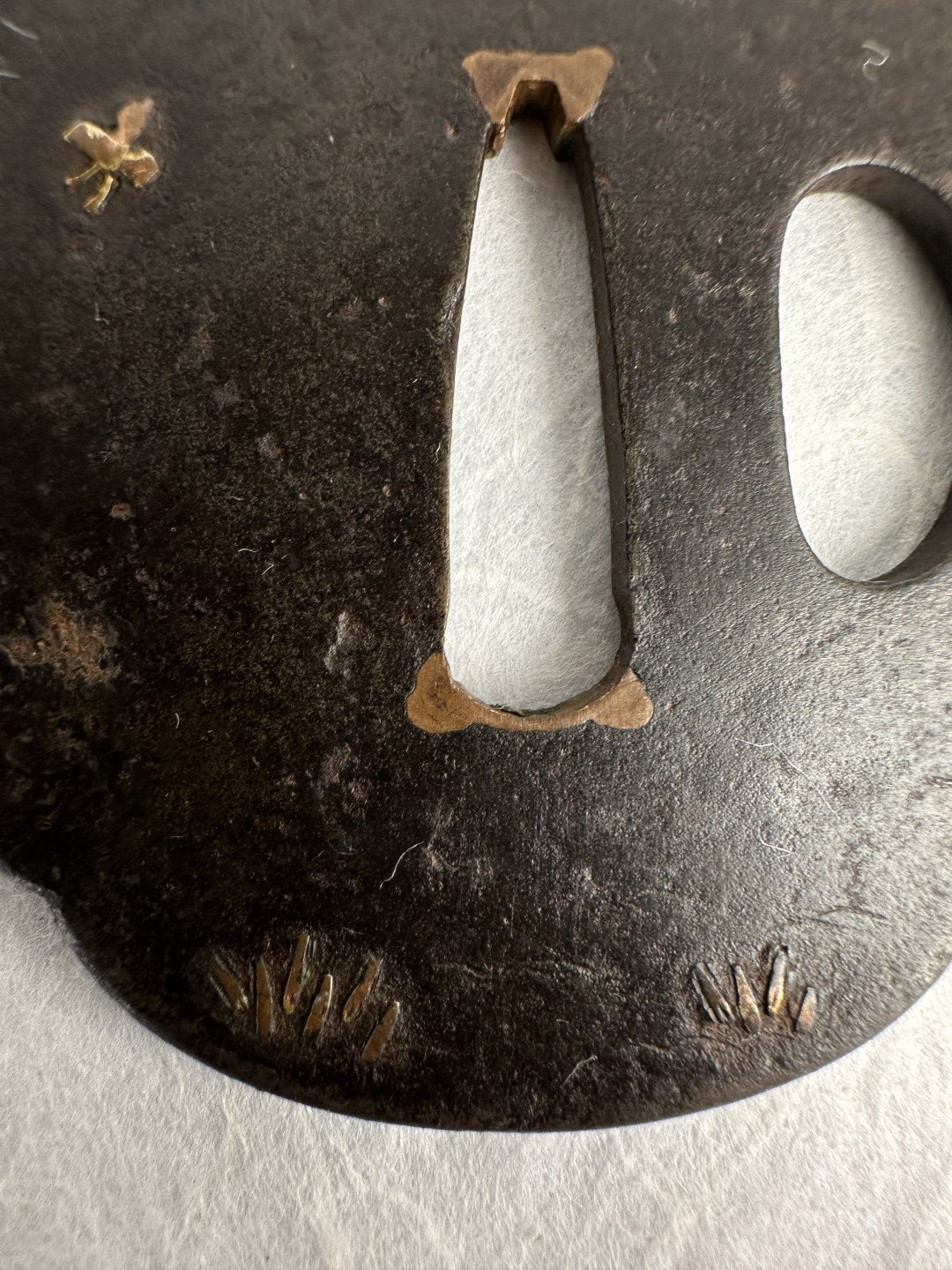 Iron Tsuba with Copper Inlay of Fireflies and Grass Blades – TS-068