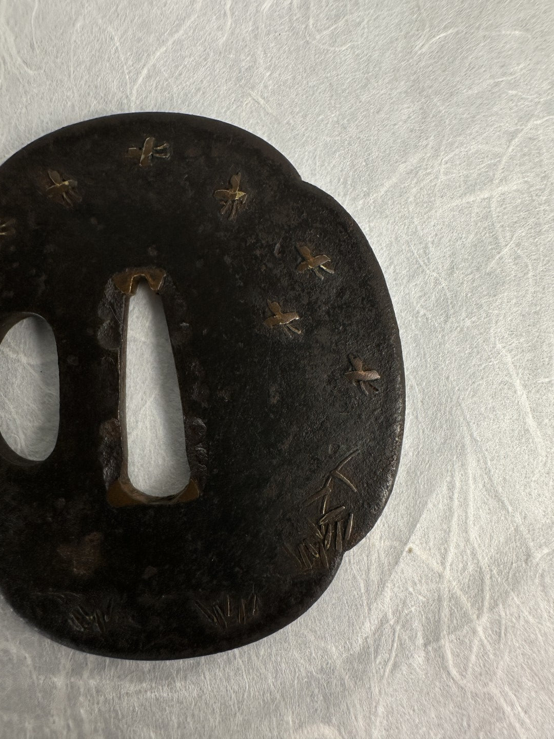 Iron Tsuba with Copper Inlay of Fireflies and Grass Blades – TS-068