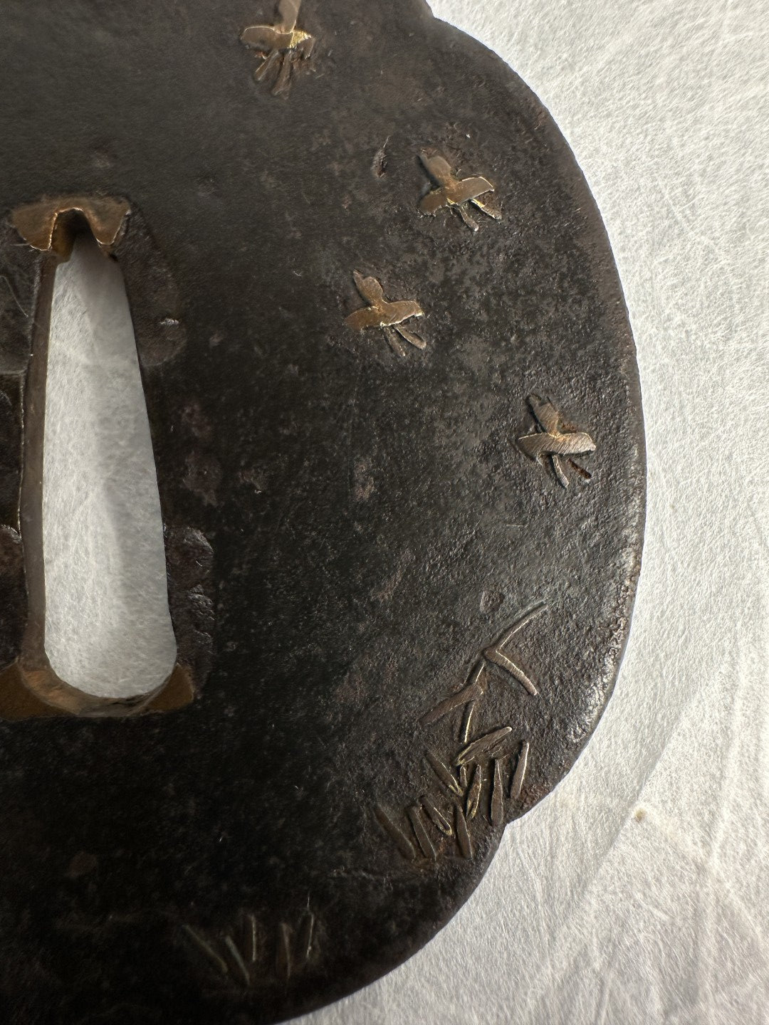 Iron Tsuba with Copper Inlay of Fireflies and Grass Blades – TS-068