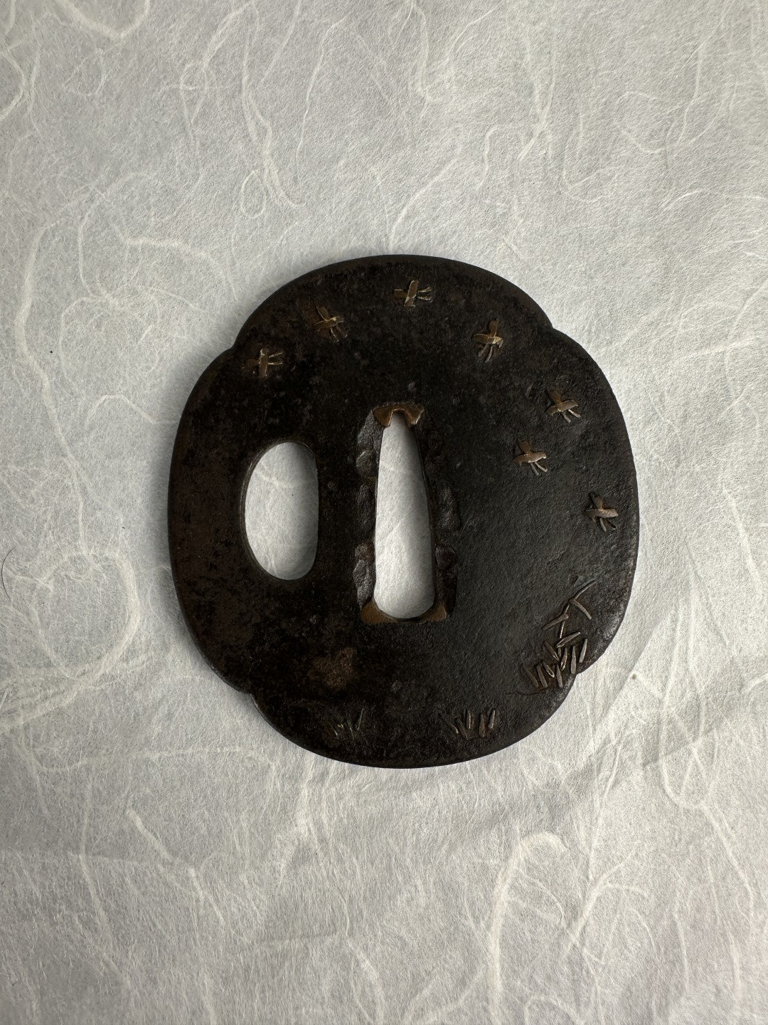 Iron Tsuba with Copper Inlay of Fireflies and Grass Blades – TS-068