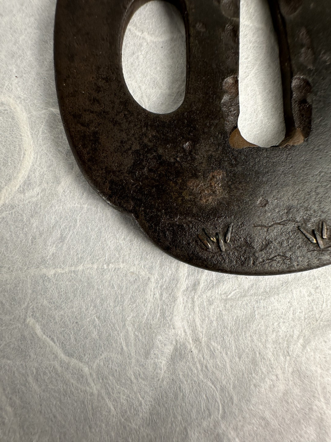 Iron Tsuba with Copper Inlay of Fireflies and Grass Blades – TS-068