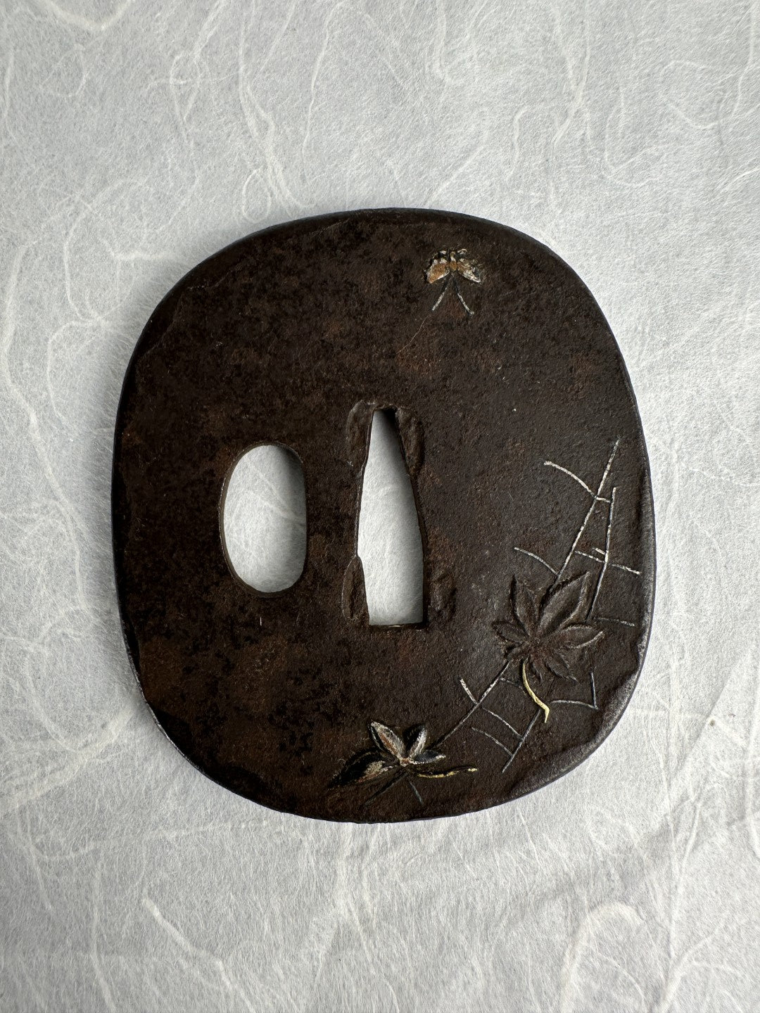 Iron Tsuba with Maple Leaves and Butterflies in a Spiderweb – TS-069