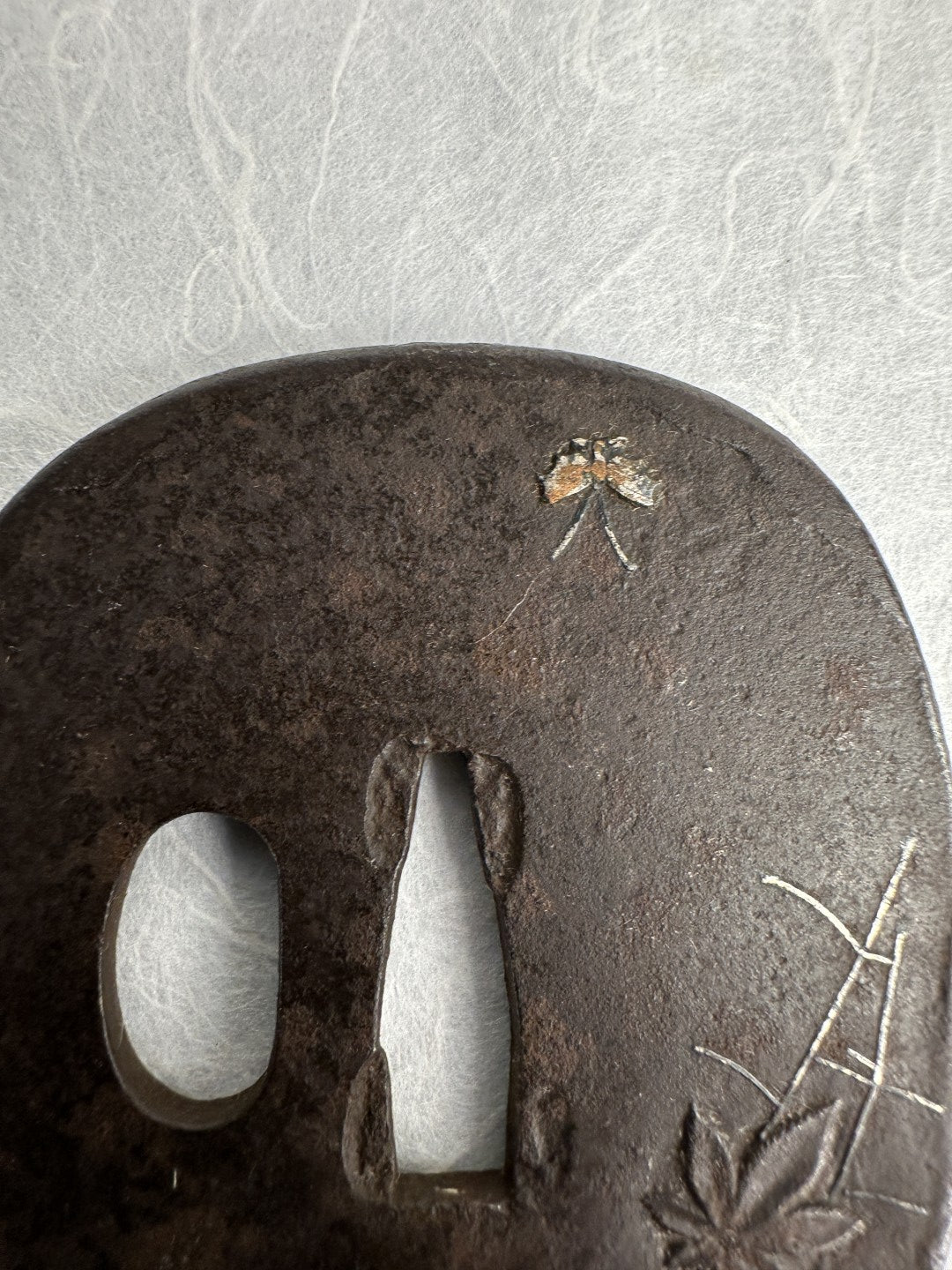 Iron Tsuba with Maple Leaves and Butterflies in a Spiderweb – TS-069