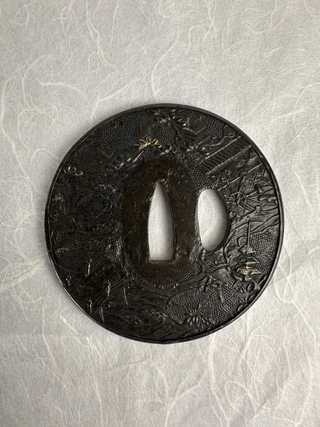 Iron Tsuba with Sprawling Temple Scene – TS-070