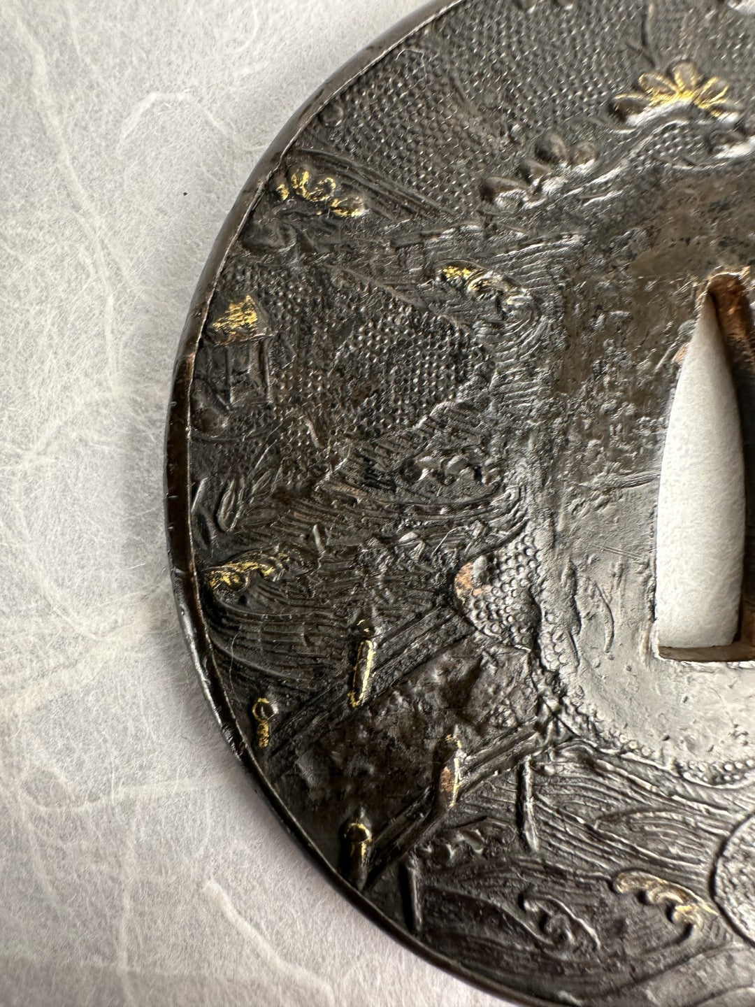 Iron Tsuba with Sprawling Temple Scene – TS-070