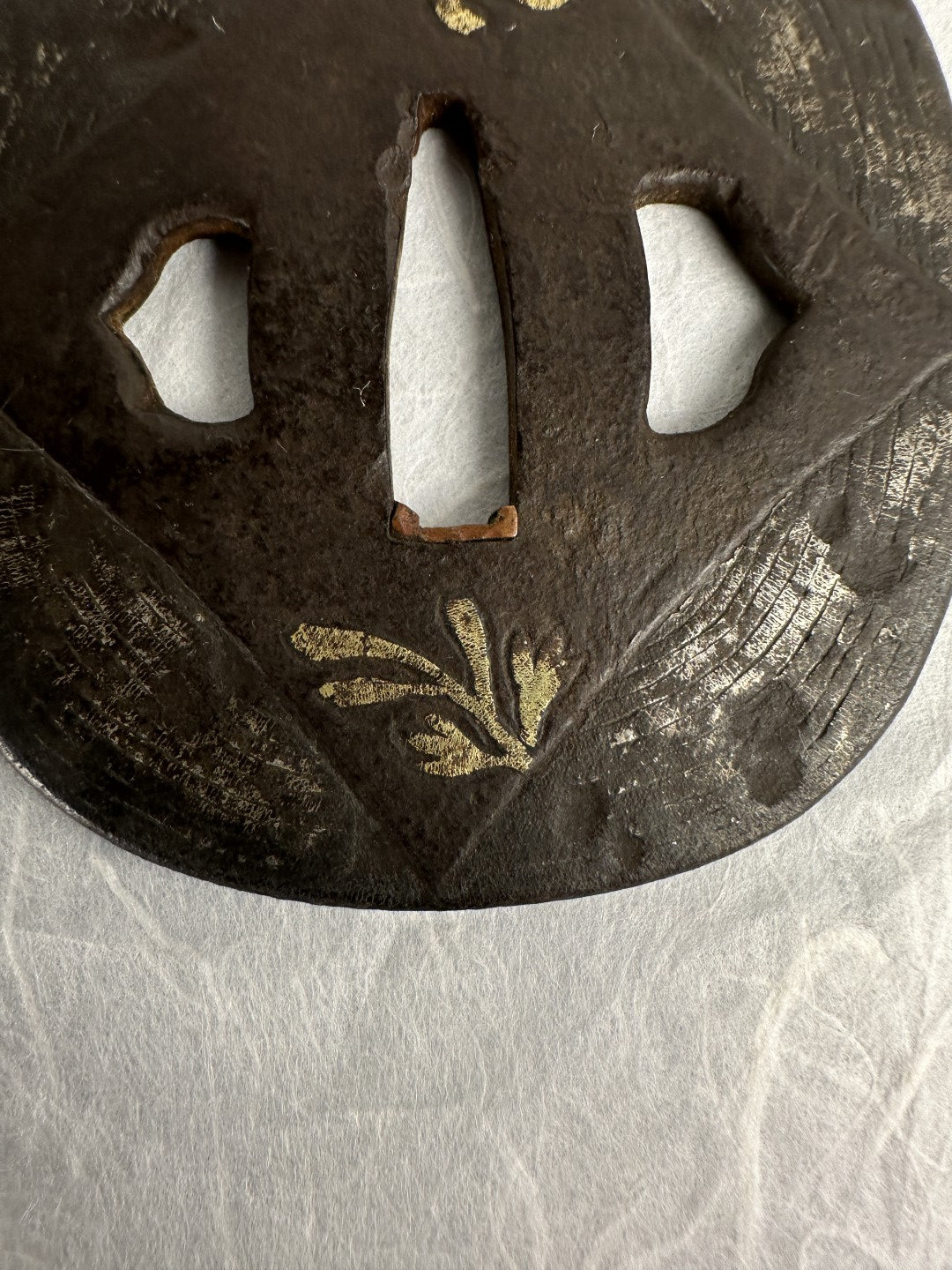 Iron kaku-maru Tsuba with Gilt Floral Motif – TS-072