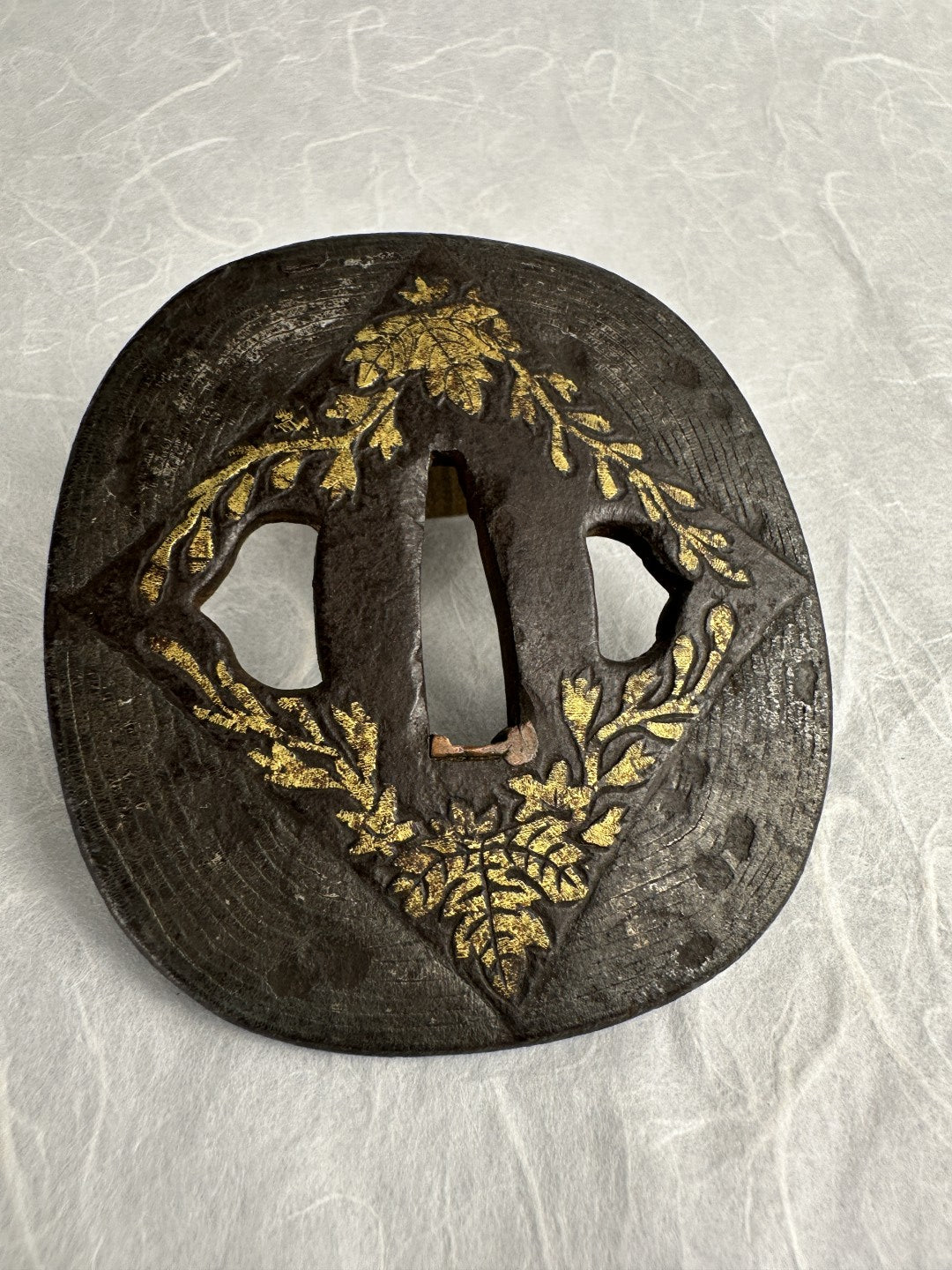 Iron kaku-maru Tsuba with Gilt Floral Motif – TS-072