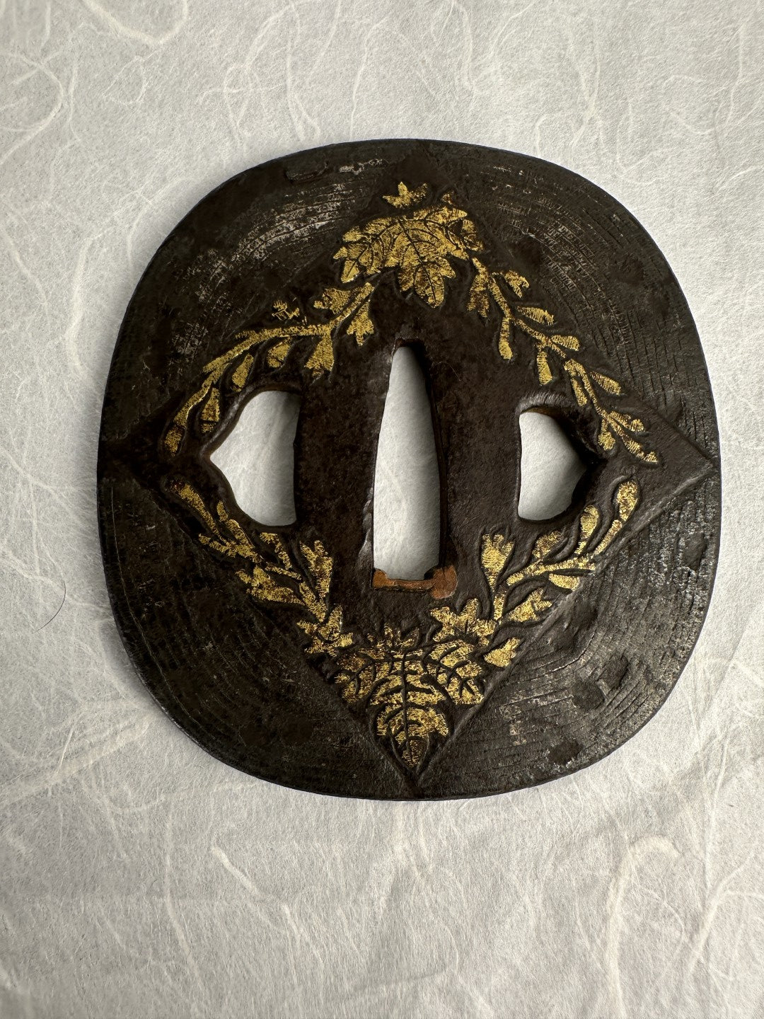 Iron kaku-maru Tsuba with Gilt Floral Motif – TS-072
