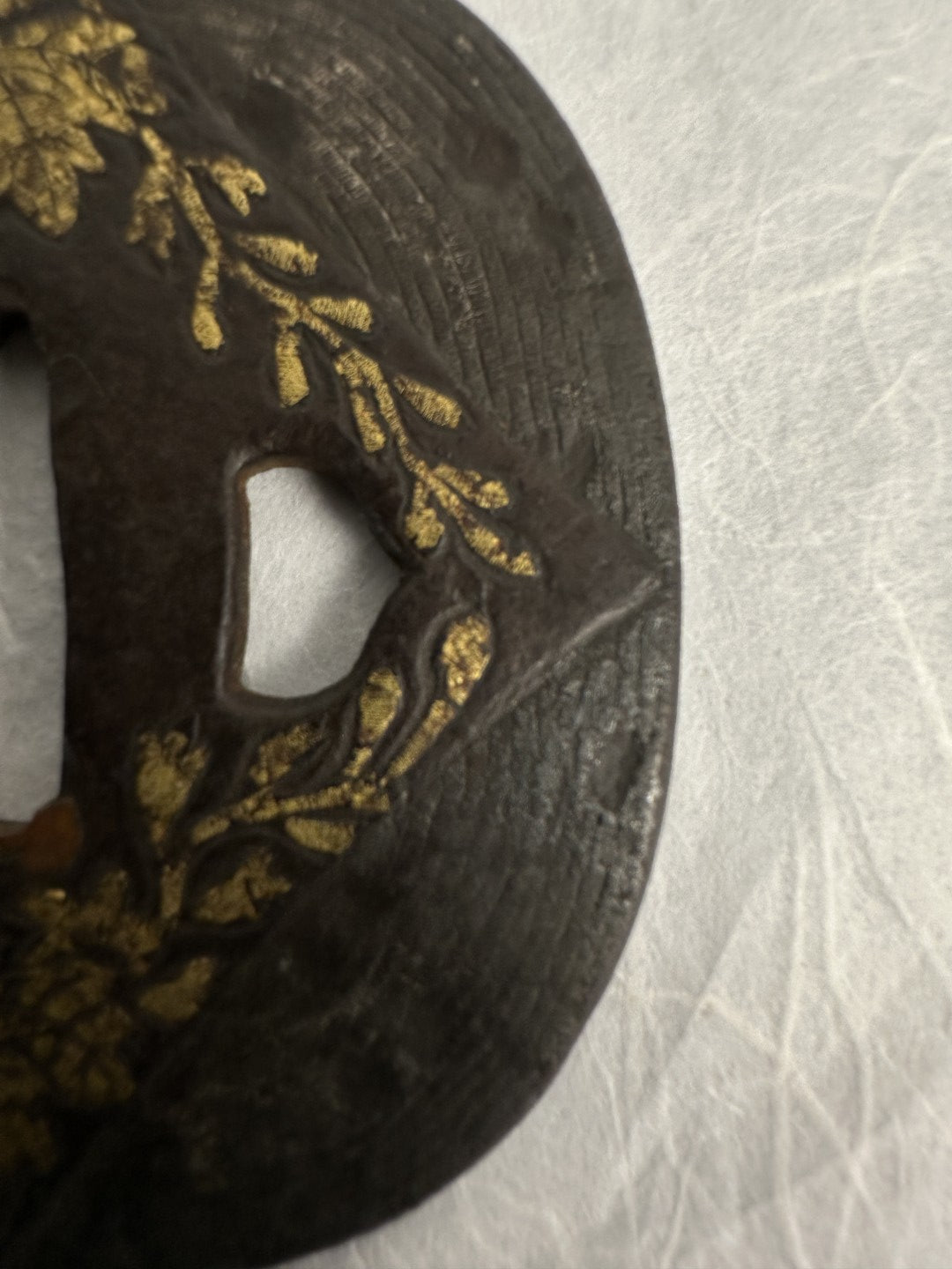 Iron kaku-maru Tsuba with Gilt Floral Motif – TS-072