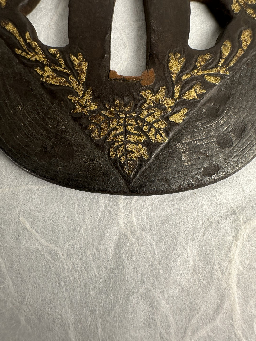 Iron kaku-maru Tsuba with Gilt Floral Motif – TS-072