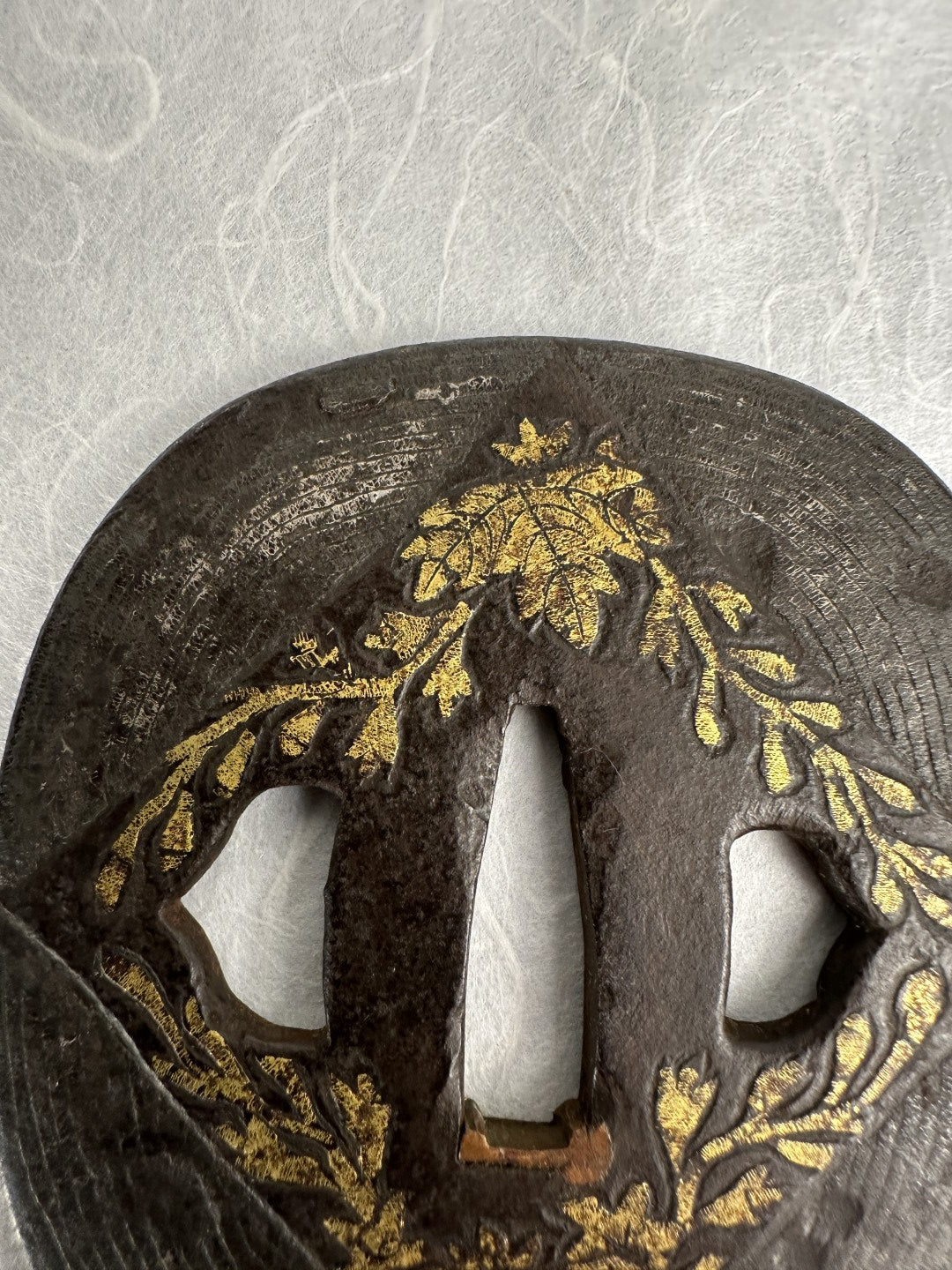 Iron kaku-maru Tsuba with Gilt Floral Motif – TS-072