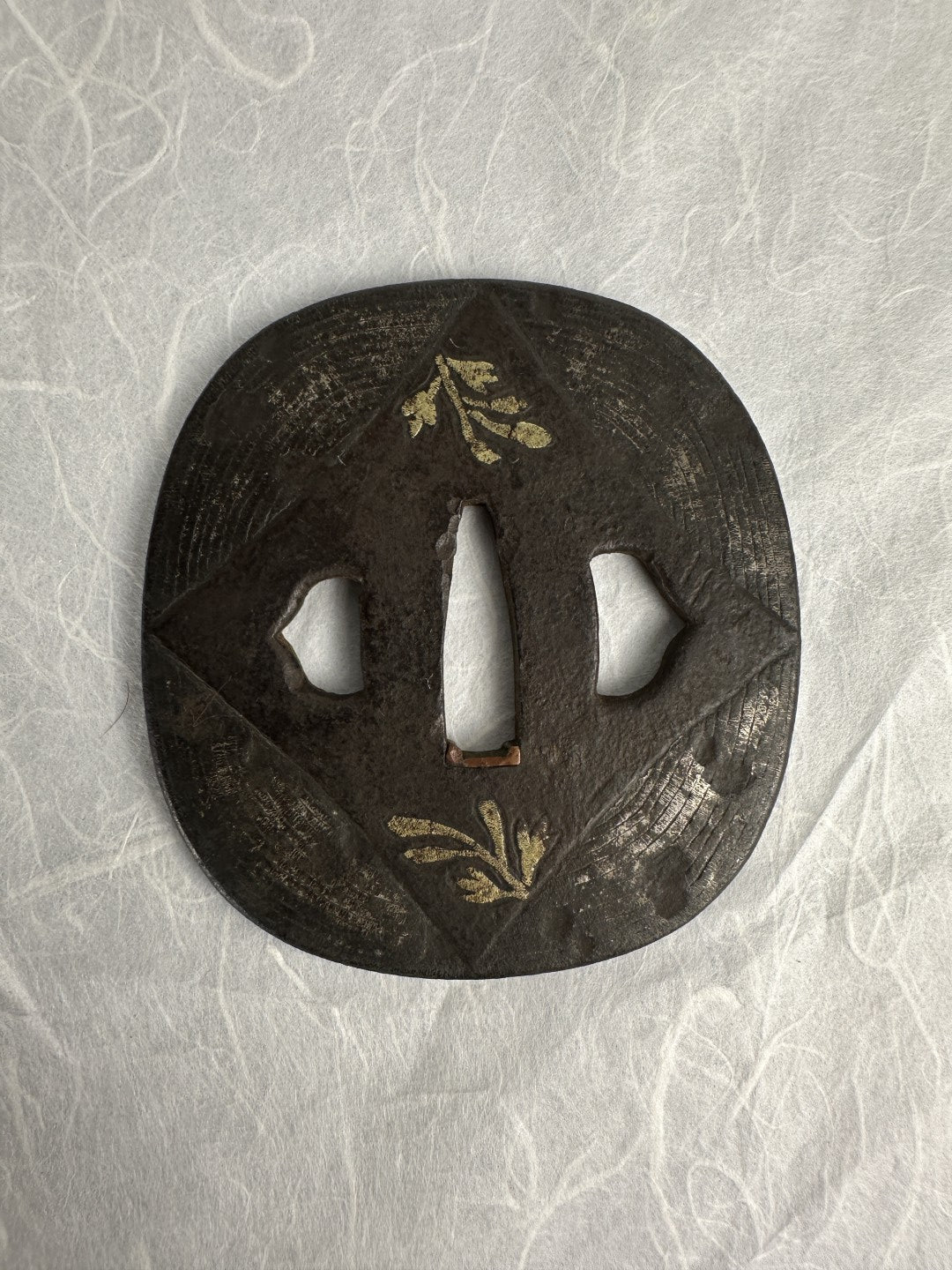 Iron kaku-maru Tsuba with Gilt Floral Motif – TS-072