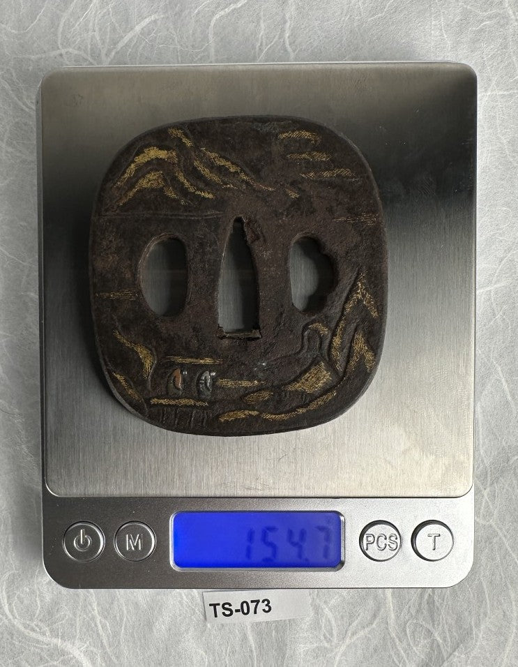 Iron Kaku-maru Tsuba with Inlaid Praying Figures in Nunome-gold Mountains– TS-073