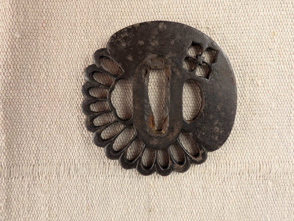 Iron Tsuba with Kiku and Hanabishi Motif – TS-184