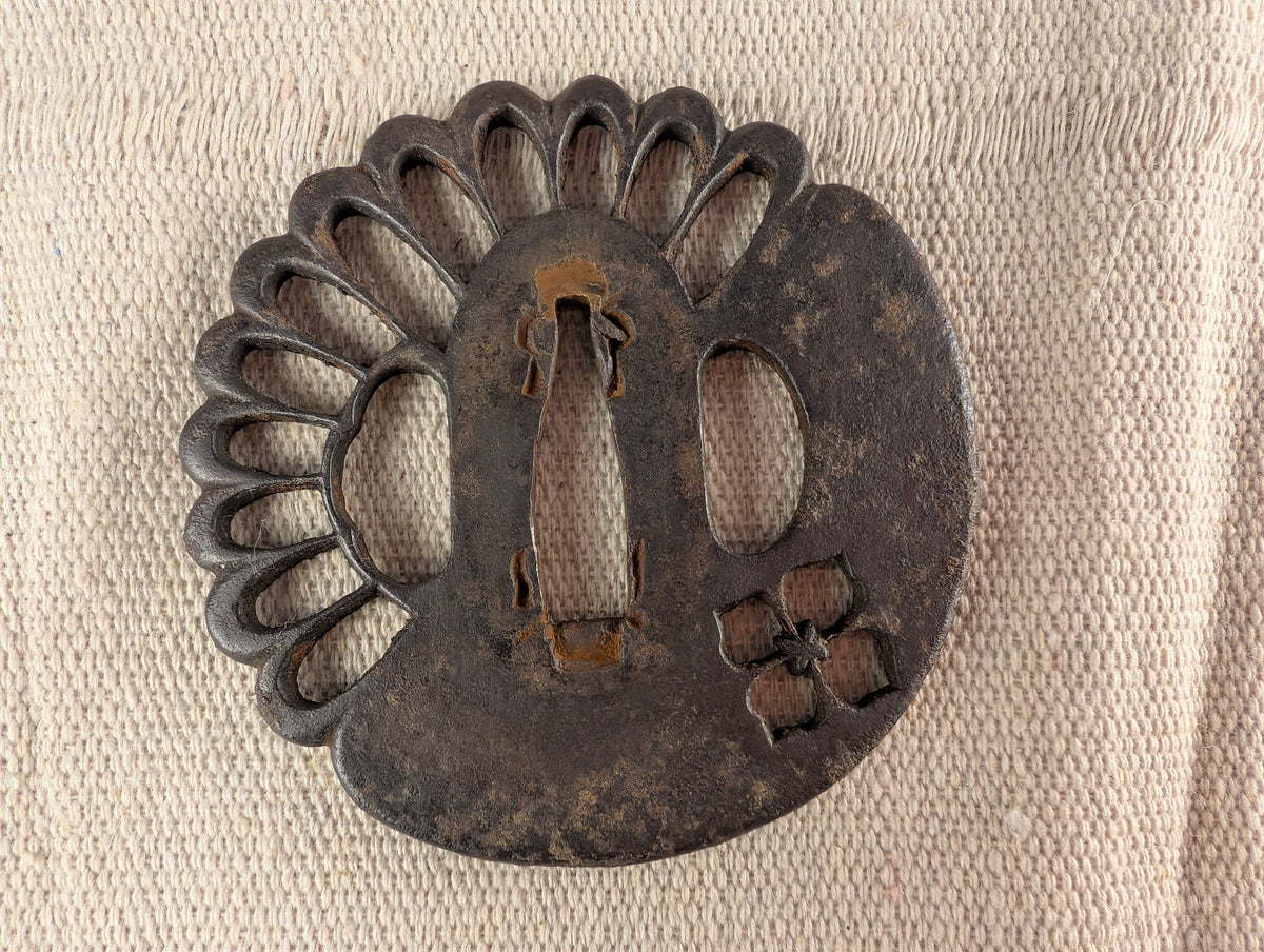 Iron Tsuba with Kiku and Hanabishi Motif – TS-184